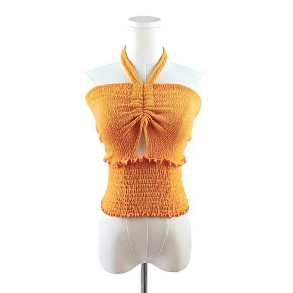 C&A Mustard Yellow Smocked Halter Crop Top With Ruffle Trim Size G (M/L) - Picture 1 of 7